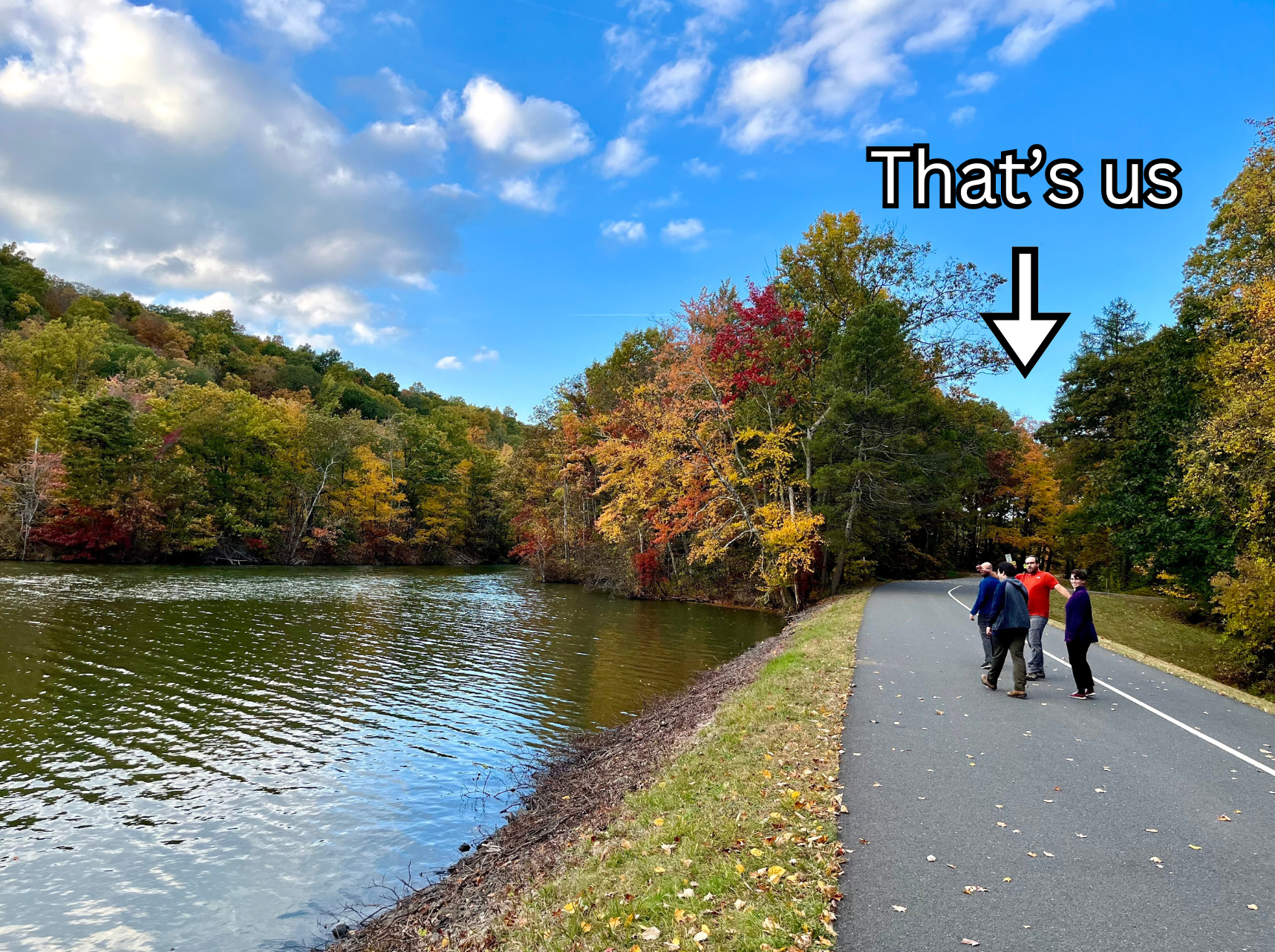 Image of the team walking on a path by a reservoir