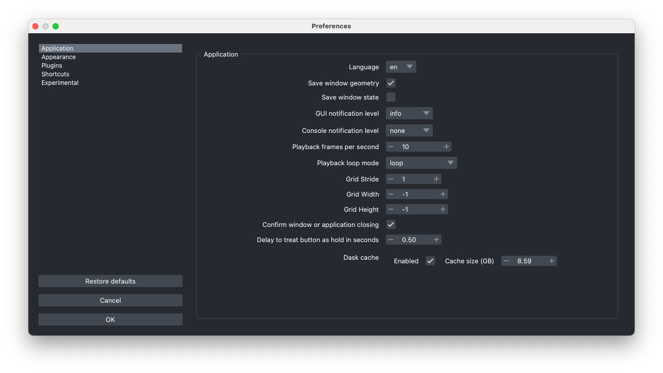 Screenshot of napari UI with the Preferences window open.