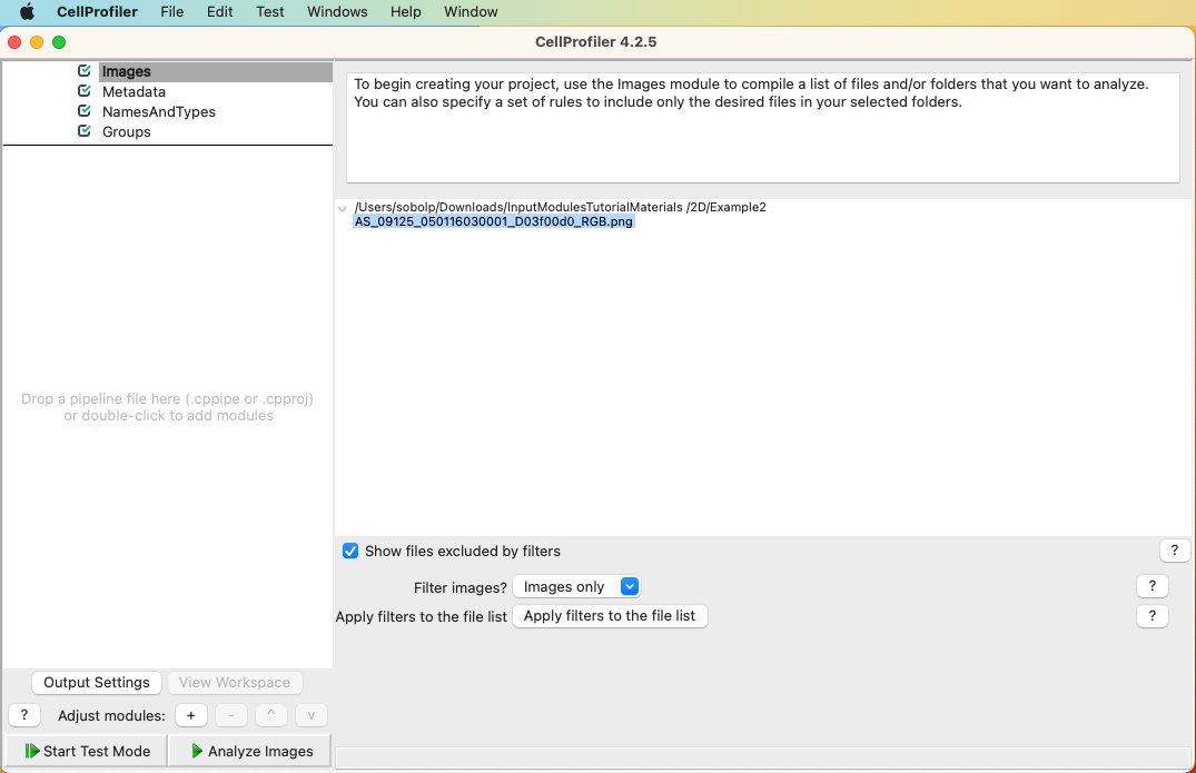 Screenshot of empty CellProfiler UI with menu bar