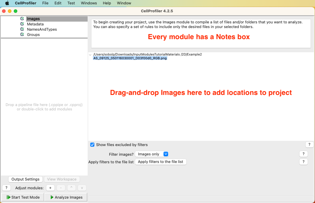 Screenshot of empty CellProfiler UI with menu bar. At the top right, the Notes box is emphasized with red text. Below, in the middle-right, the Image list drag-and-drop is emphasized with red text.