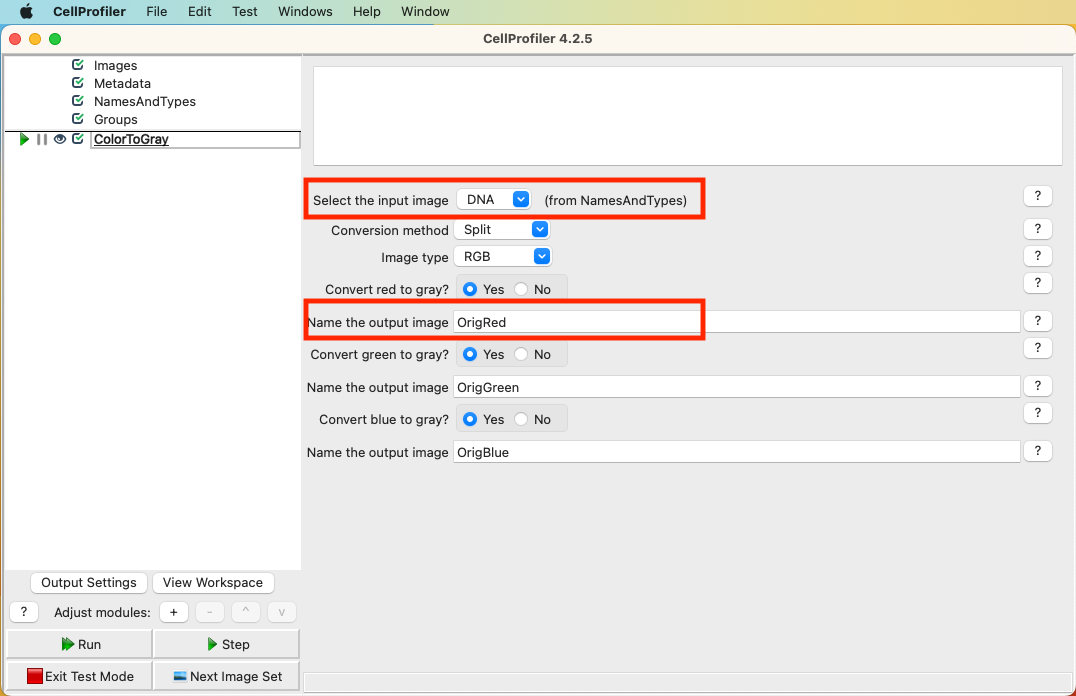 Screenshot of CellProfiler UI with menu bar and a single module (ColorToGrey) open. In the middle right, the ColorToGrey module options are showing with the input image selection and output image naming highlighted with red boxes.