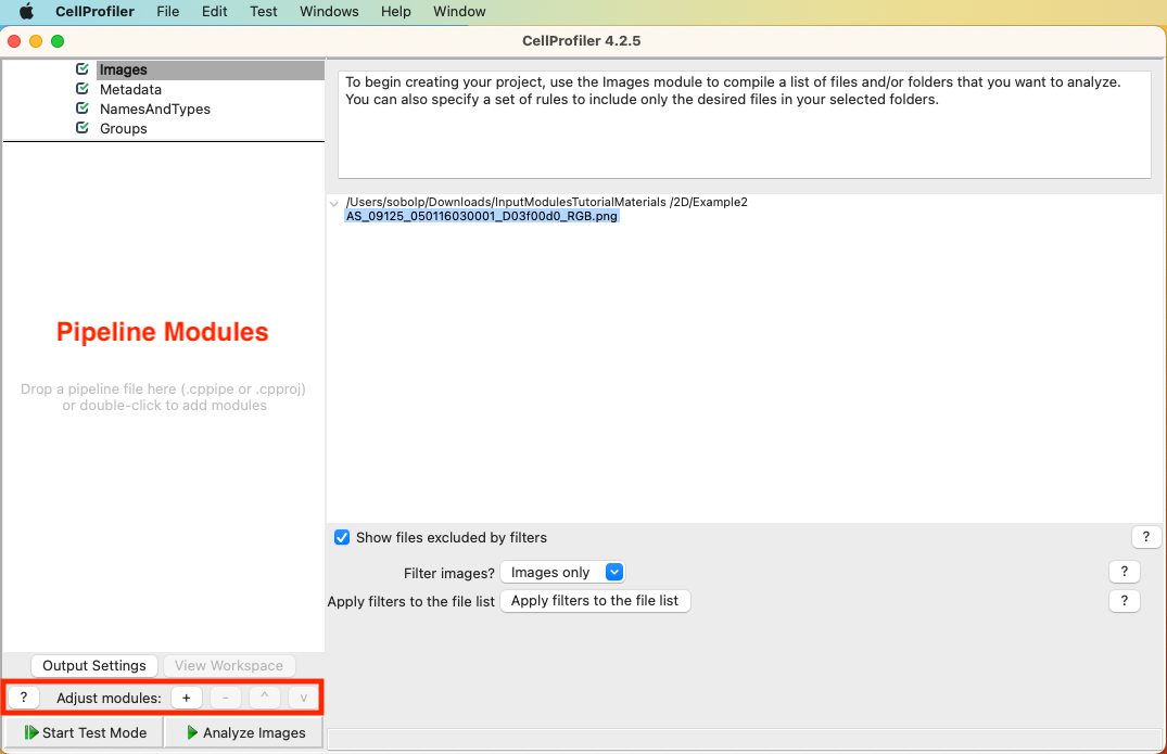 Screenshot of empty CellProfiler UI with menu bar. On the middle-left, the area for adding pipeline modules is highlighted with red text. Below, the module buttons are highlighted with a red box.