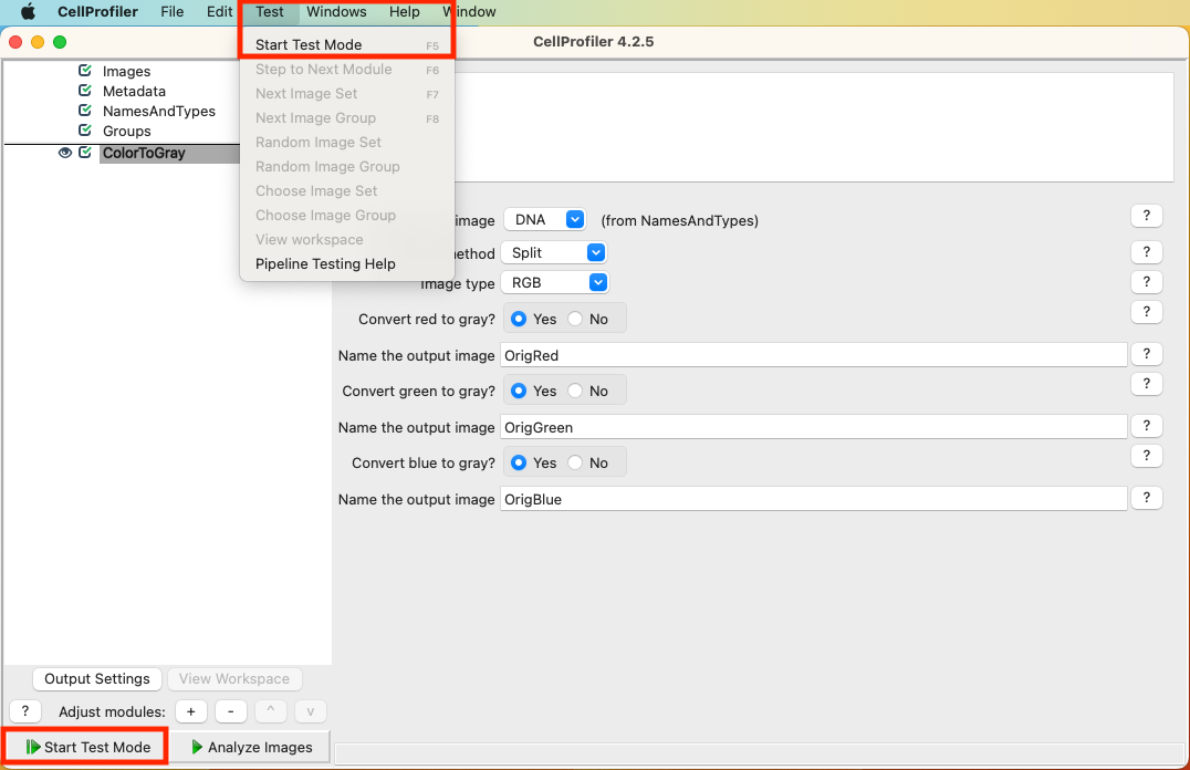 Screenshot of CellProfiler UI with menu bar and a single module (ColorToGrey) open. At the top, the Test menu is open and the `Start Test Mode` option is highlighted with a red box. At the bottom left, the `Start Test Mode` button is highlighted with a red box.