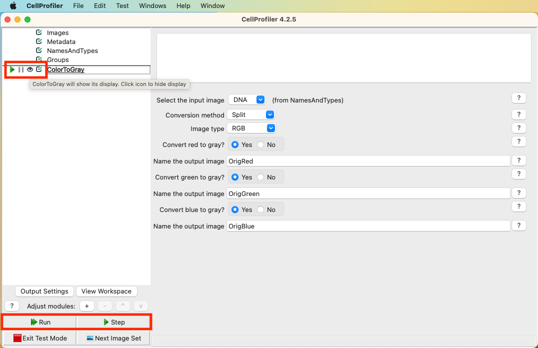 Screenshot of CellProfiler UI with menu bar and a single module (ColorToGrey) open. Test mode is now active. At the top of the modules area, the Test mode buttons next to the ColorToGrey module are highlighted with a red box. At the bottom left, the Run and Step buttons are highlighted with a red box.