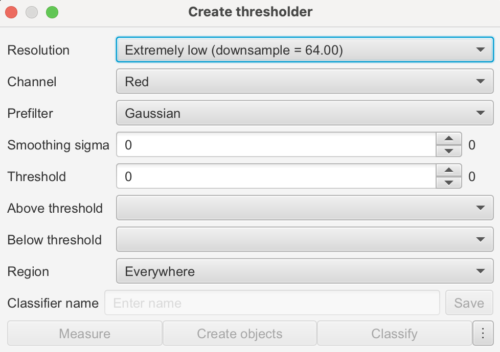 Screenshot of QuPath `Create thresholder` dialog highlighted in blue.