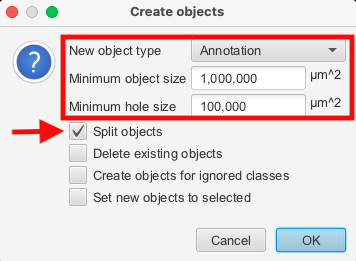 Screenshot of QuPath `Create objects` dialog.