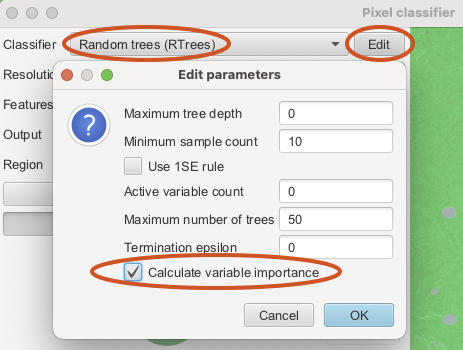 Screenshot of QuPath `Pixel classifier` dialog with the `Random trees` parameters shown. The `Edit` button and `Calculate variable importance` are marked in red.