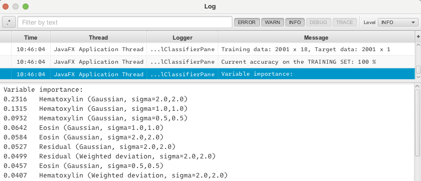 Screenshot of QuPath `Log` showing `Variable importance`.