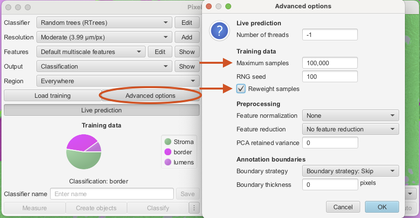 Screenshot of QuPath `Pixel classifier` dialog with the `Advanced options` dialog shown. The `Maximum samples` and `Reweight samples` options are marked in red.