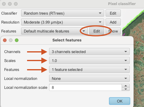 Screenshot of QuPath `Pixel classifier` dialog with the `Select features` dialog shown. The `Edit` button, `Channels`, `Scales`, and `Features` are marked in red.