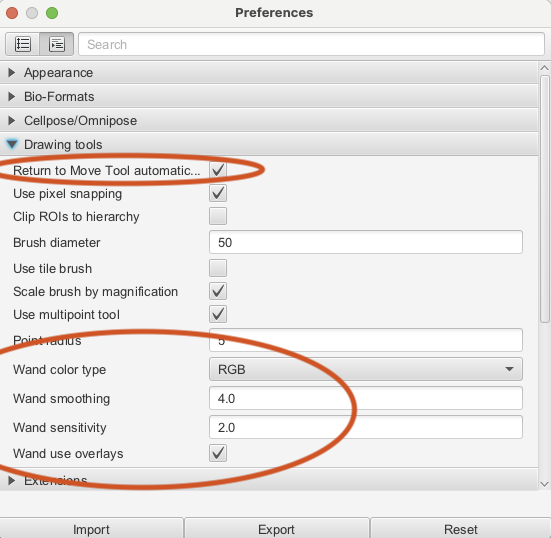 Inset of screenshot of QuPath  Preferences dialog showing the settings for the drawing tools.