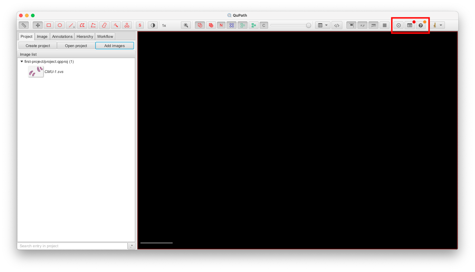 Screenshot of QuPath application window with the Preferences, Log, and Interactive Help tools marked in red.