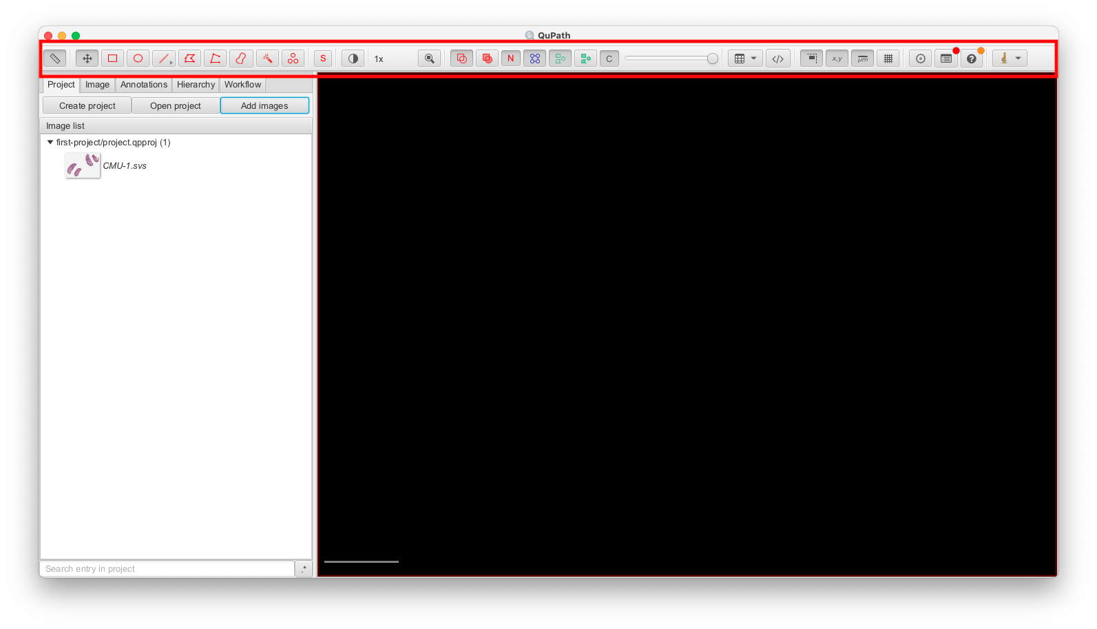 Screenshot of QuPath application window with the toolbar marked in red.