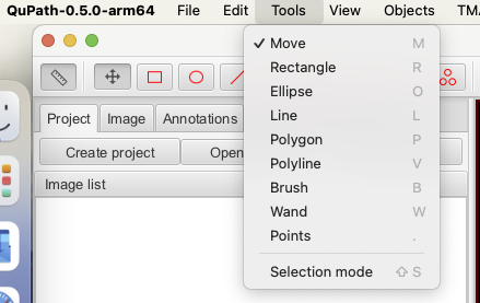 Inset of screenshot of QuPath  window (top left) showing annotation the Tools menu.