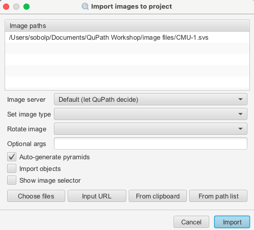 Screenshot of `Import images to project` dialog.