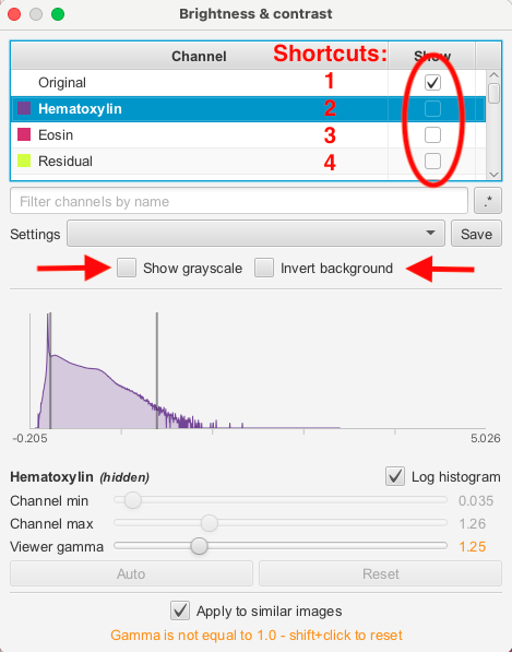 Screenshot of QuPath `Brightness & Contrast` dialog with red arrows indicating the handles of the stain vectors, as well as the Auto button and the `exclude unrecognized stains` checkbox.