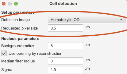 Screenshot of top portion of QuPath `Cell detection` dialog