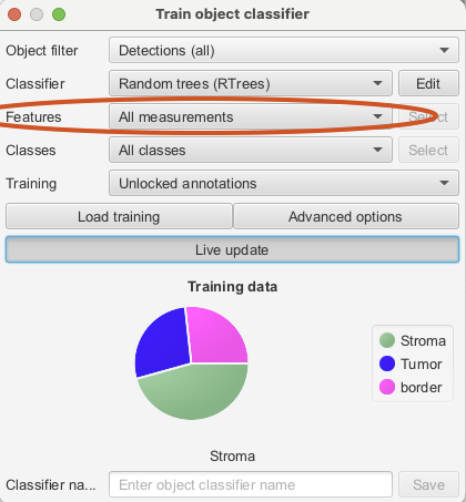 Screenshot of QuPath `Train object classifier` dialog