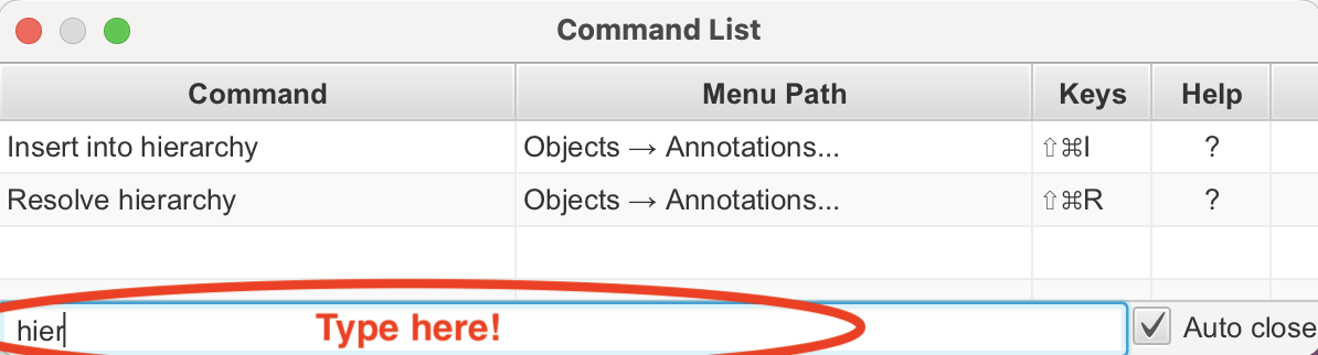 Screenshot of QuPath `Command list` dialog, with the filter box marked in red.