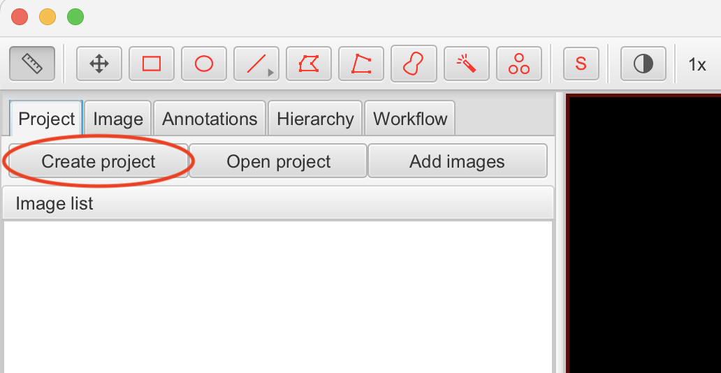 Inset of screenshot showing the `create project` button in red.