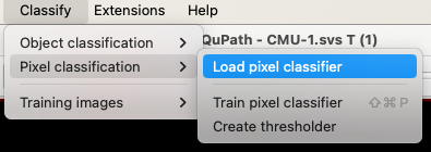 Screenshot of QuPath `Classify` menu showing the `Load classifier` dialog.