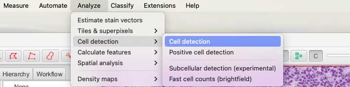 Screenshot of QuPath `Analyze` menu showing the `Cell detection` submenu.