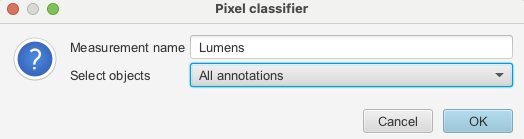 Screenshot of QuPath `Pixel classifier` dialog for creating measurements in Annotations.