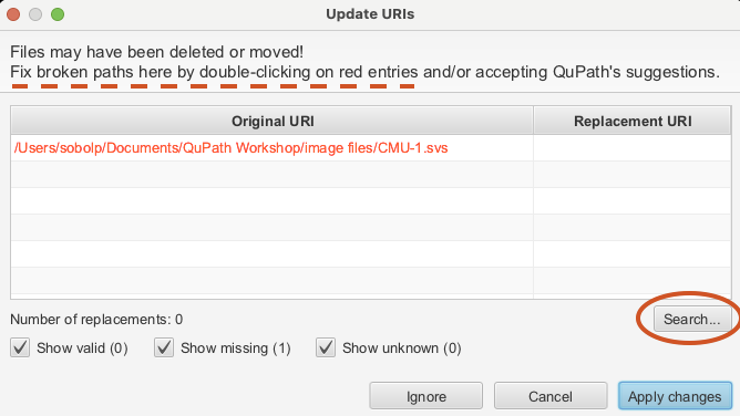 Screenshot of QuPath `Update URIs` dialog.