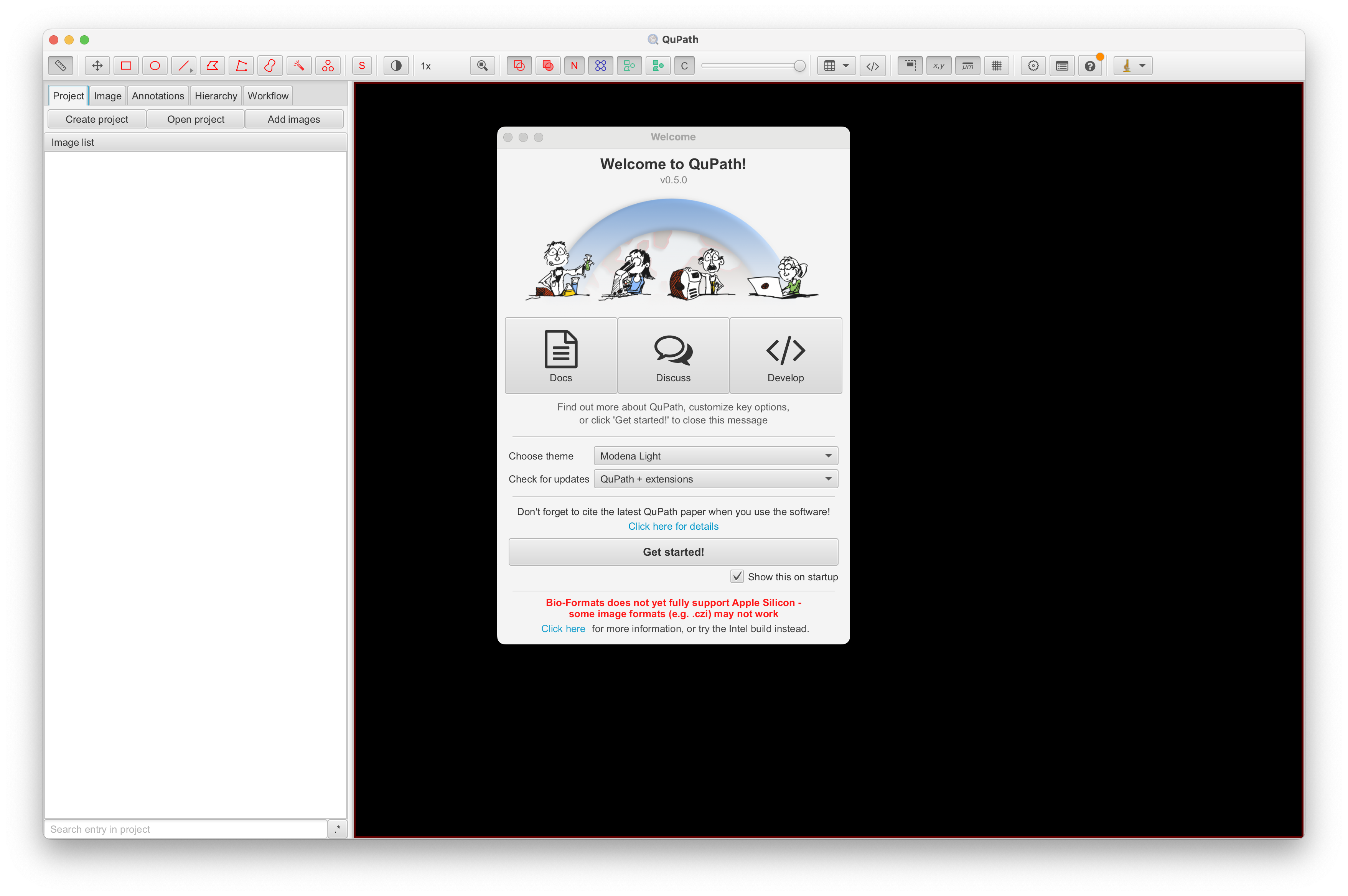 Screenshot showing the QuPath welcome screen.