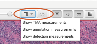 Inset of screenshot of QuPath application window (top left) showing the Measurement Table and Script Editor tools in red.
