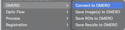 screenshot of fiji plugins dropdown selecting connect to omero