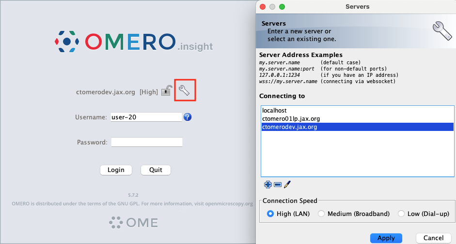 Fiji OMERO plugin login with server picker selecting ctomerodev.jax.org