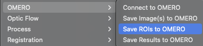 screenshot of fiji plugins dropdown selecting save rois to omero