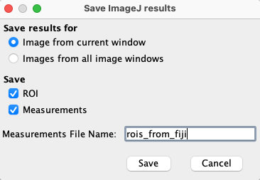 screenshot of fiji window for saving rois and measurements to omero, selecting both rois and measurements