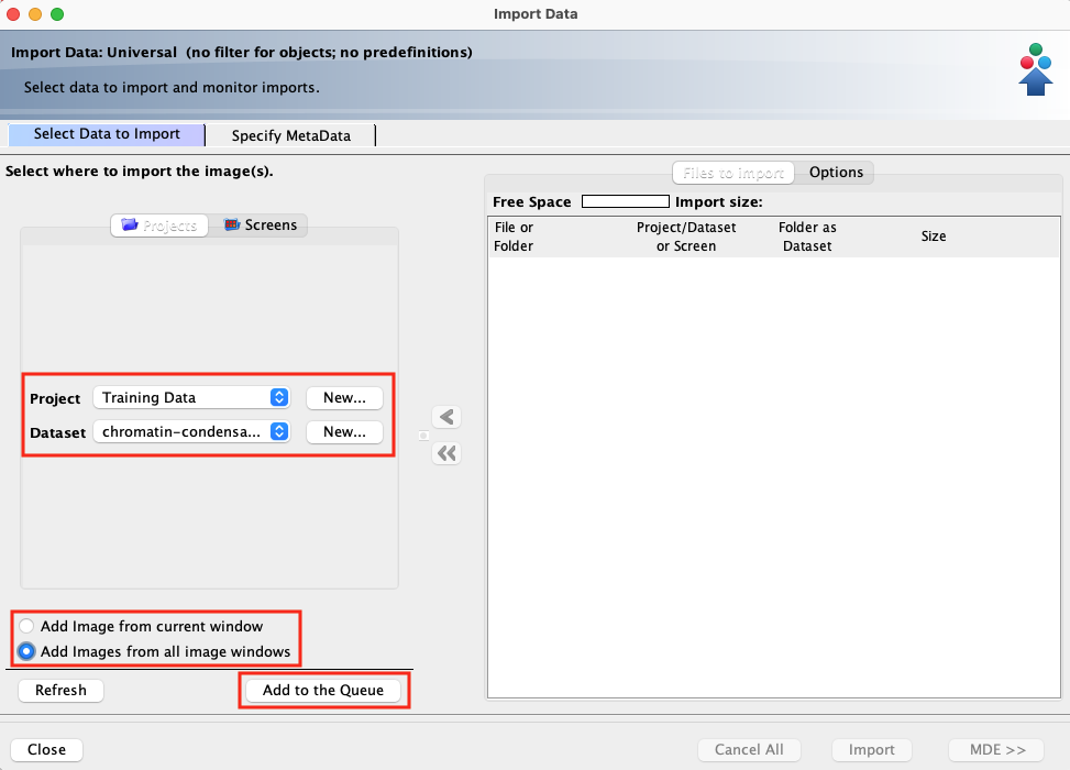 screenshot of fiji import data window with boxes highlighting the project and dataset selectors, add images from all image windows, and add to queue