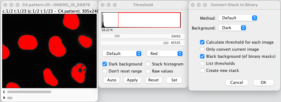 screenshot of fiji threshold dialogs that shows cells highlighted red