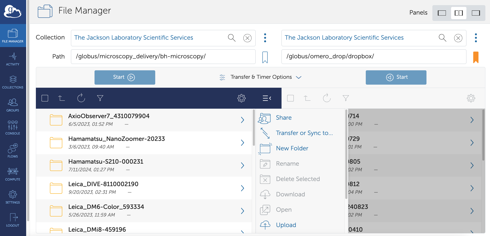 Screenshot of Globus web with split screen of microscopy delivery folders and omero import folders