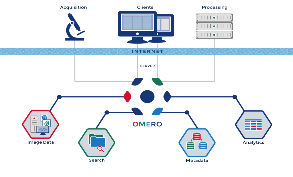 Diagram showing OMERO.server connected to hardware and image data tasks